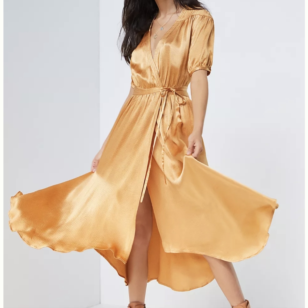 Maeve (Anthropologie) Gold Katrina Midi Wrap Dress Size Small